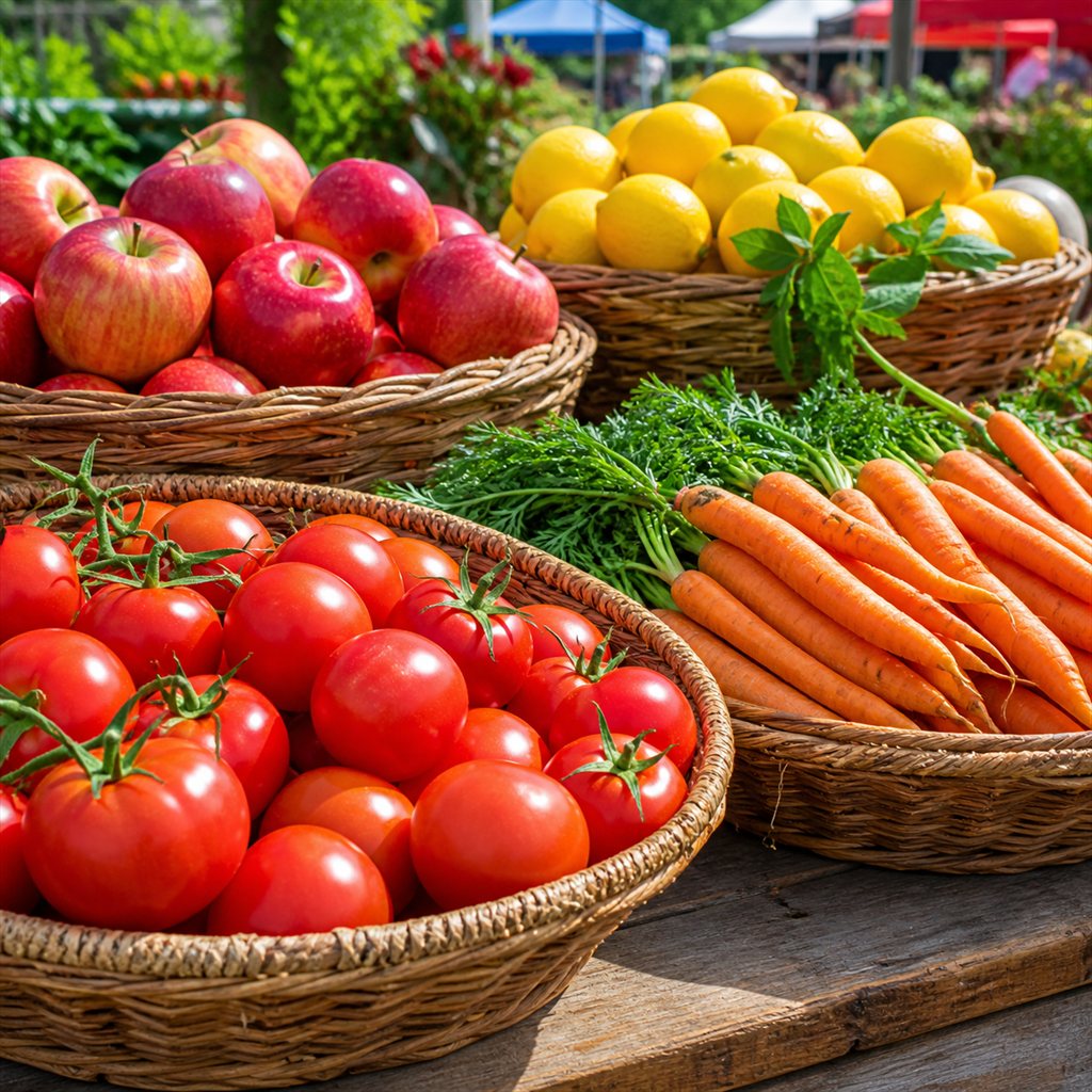 籠に盛られた彩り豊かな野菜と果物